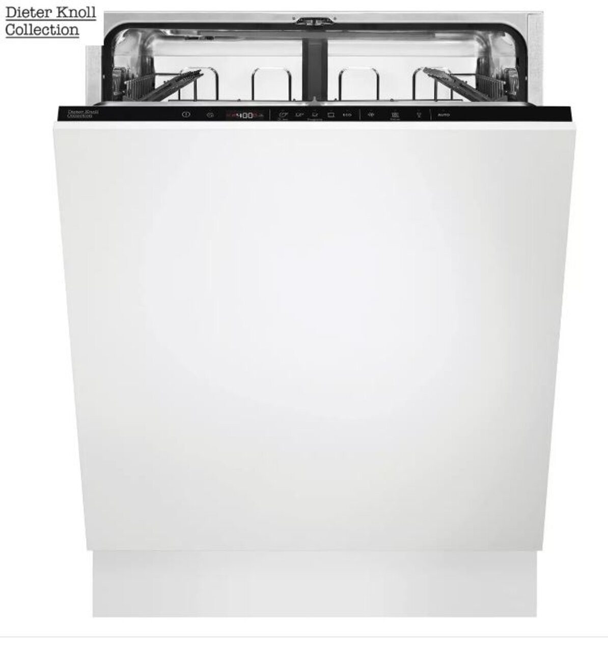 Vorderansicht eines Einbaugeschirrspülers der Dieter Knoll Collection mit geöffneter Tür und sichtbarem Innenraum.