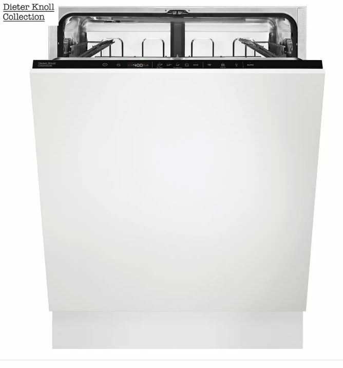 Vorderansicht eines Einbaugeschirrspülers der Dieter Knoll Collection mit geöffneter Tür und sichtbarem Innenraum.