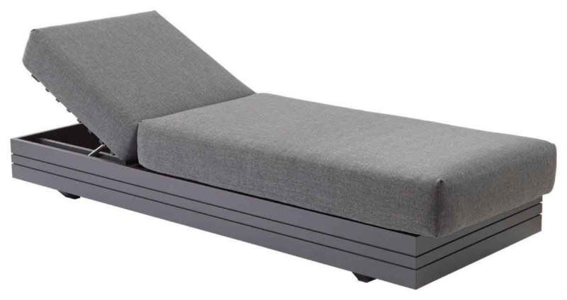 Graues 3-Sitzer Loungeelement mit verstellbarer Rückenlehne, seitliche Perspektive