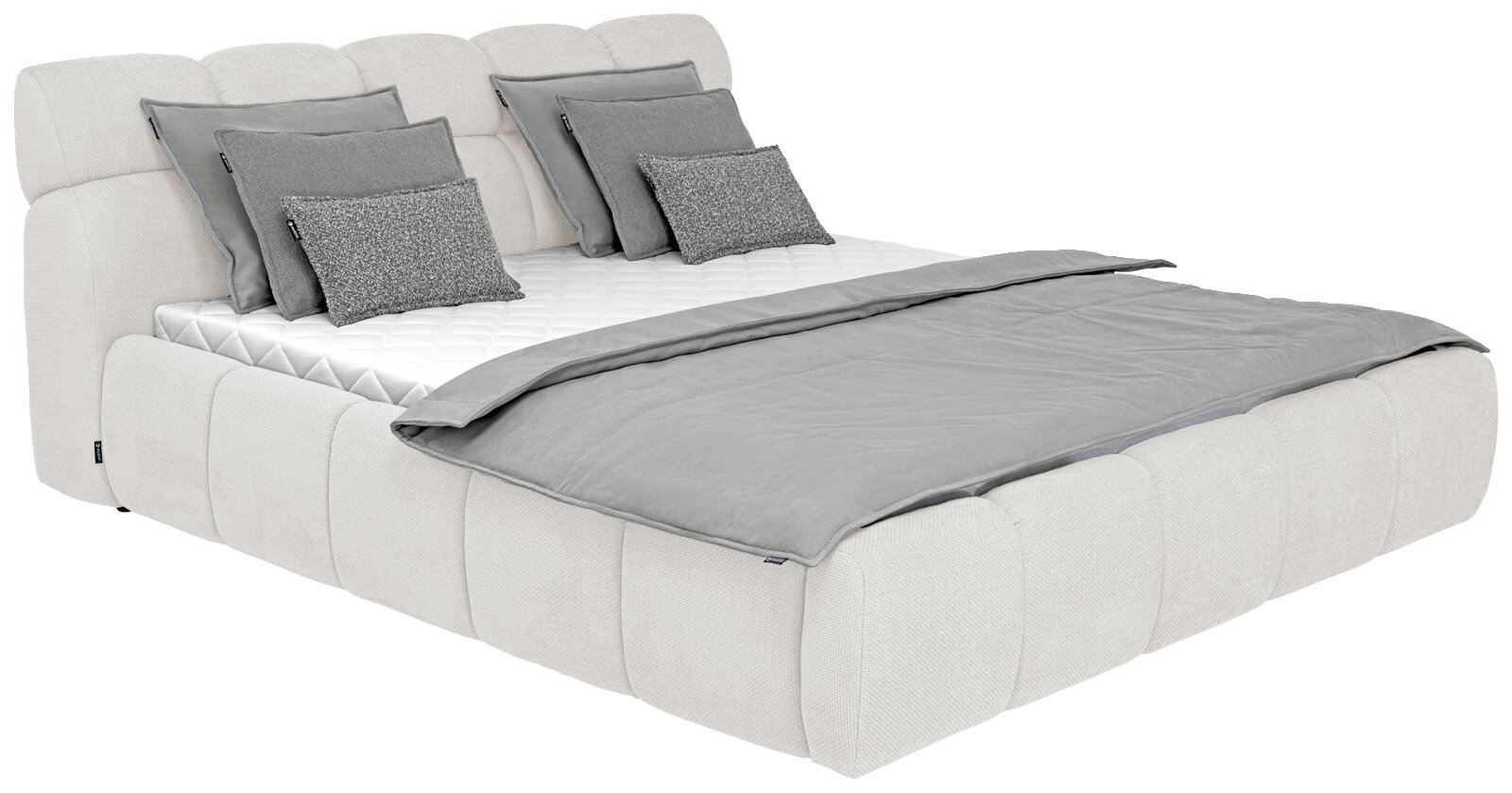 Polsterbett in seitlicher Perspektive mit grauen Kissen und Decke