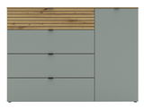 Kombi-Kommode mit drei Schubladen und einer Tür, Frontansicht, graue und holzfarbene Elemente