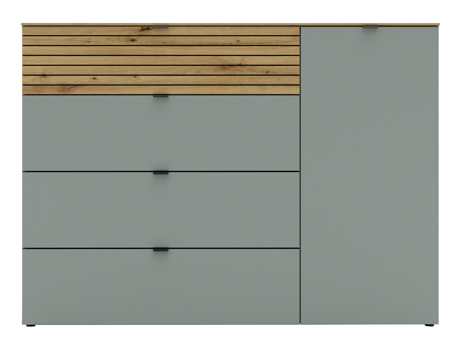 Kombi-Kommode mit drei Schubladen und einer Tür, Frontansicht, graue und holzfarbene Elemente