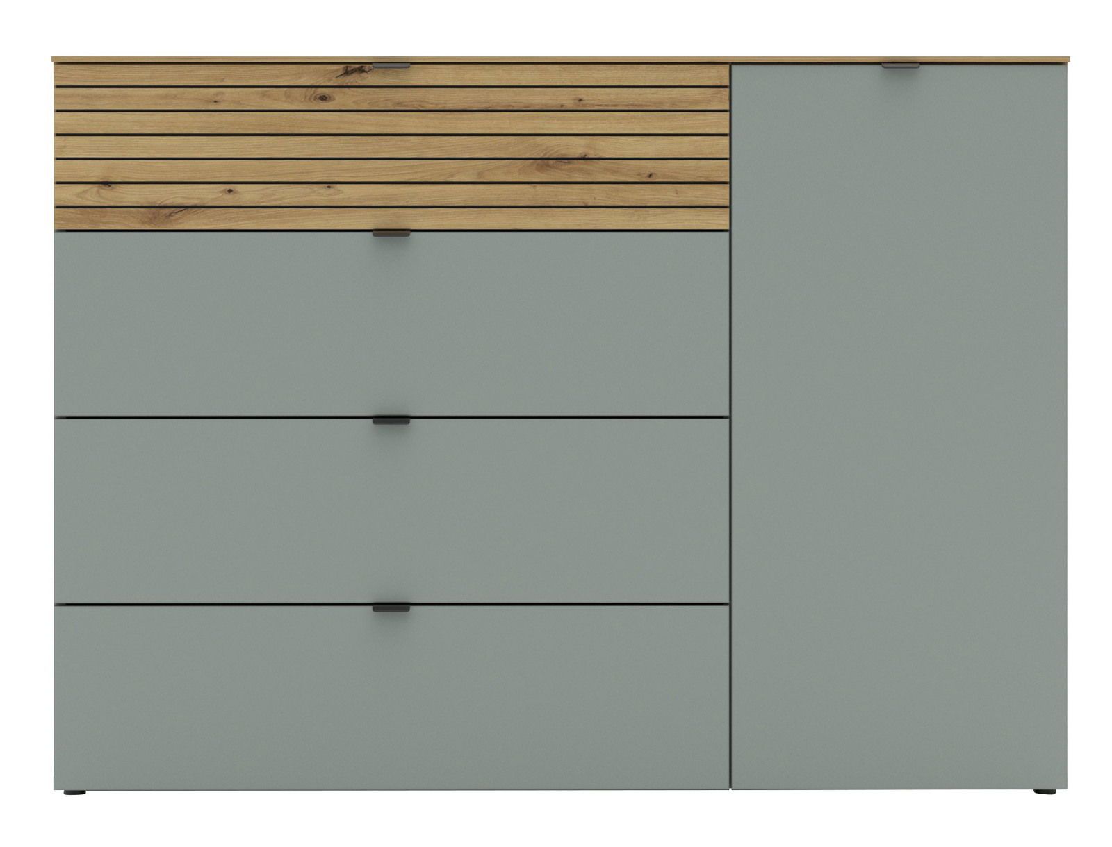 Kombi-Kommode mit drei Schubladen und einer Tür, Frontansicht, graue und holzfarbene Elemente