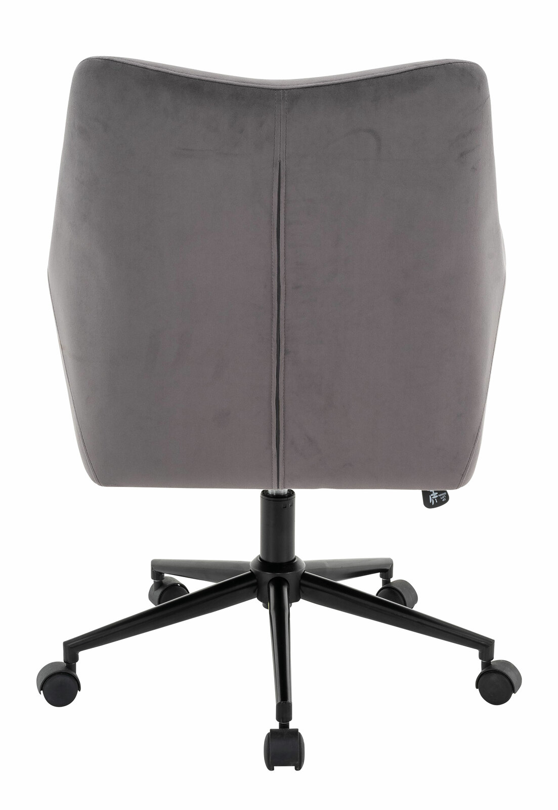Rückansicht eines grauen Drehstuhls mit schwarzem Fußgestell und Rollen.