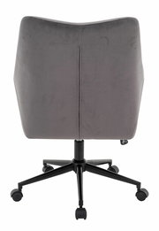 Rückansicht eines grauen Drehstuhls mit schwarzem Fußgestell und Rollen.