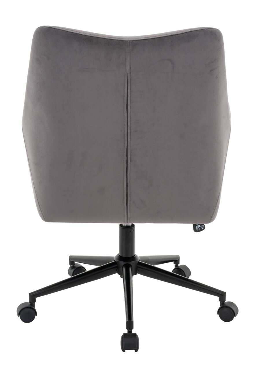 Rückansicht eines grauen Drehstuhls mit schwarzem Fußgestell und Rollen.