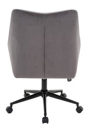 Rückansicht eines grauen Drehstuhls mit schwarzem Fußgestell und Rollen.