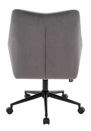 Rückansicht eines grauen Drehstuhls mit schwarzem Fußgestell und Rollen.