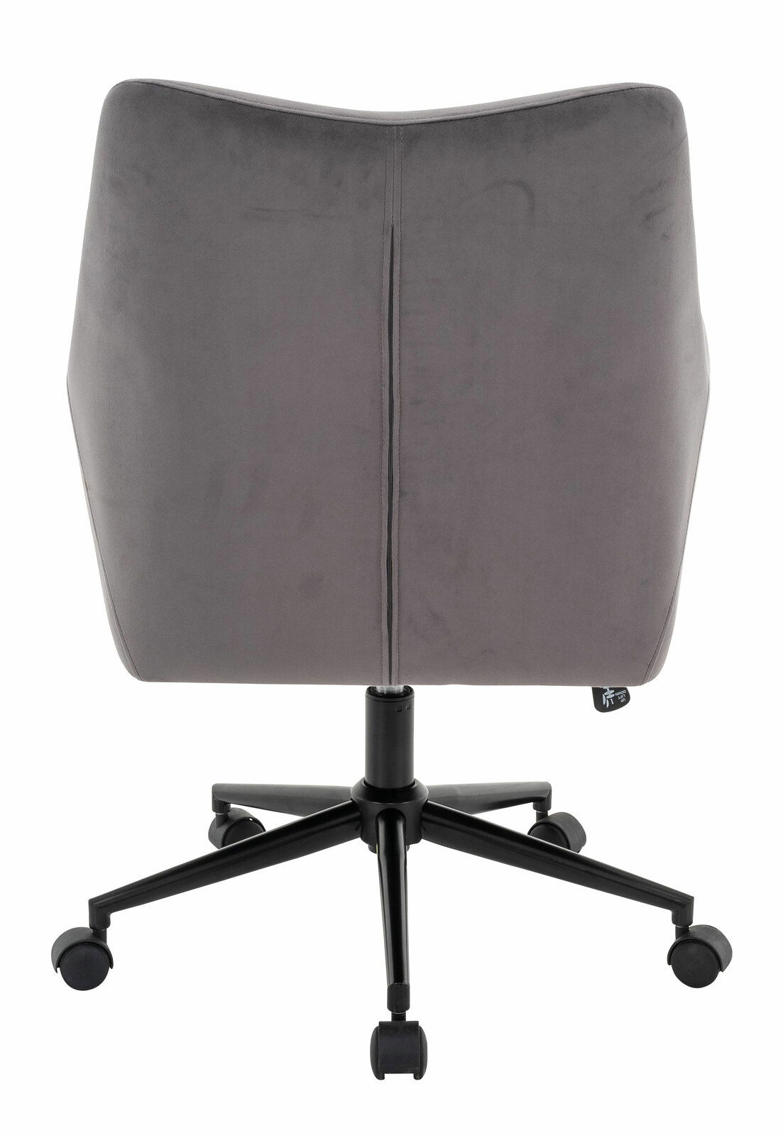Rückansicht eines grauen Drehstuhls mit schwarzem Fußgestell und Rollen.