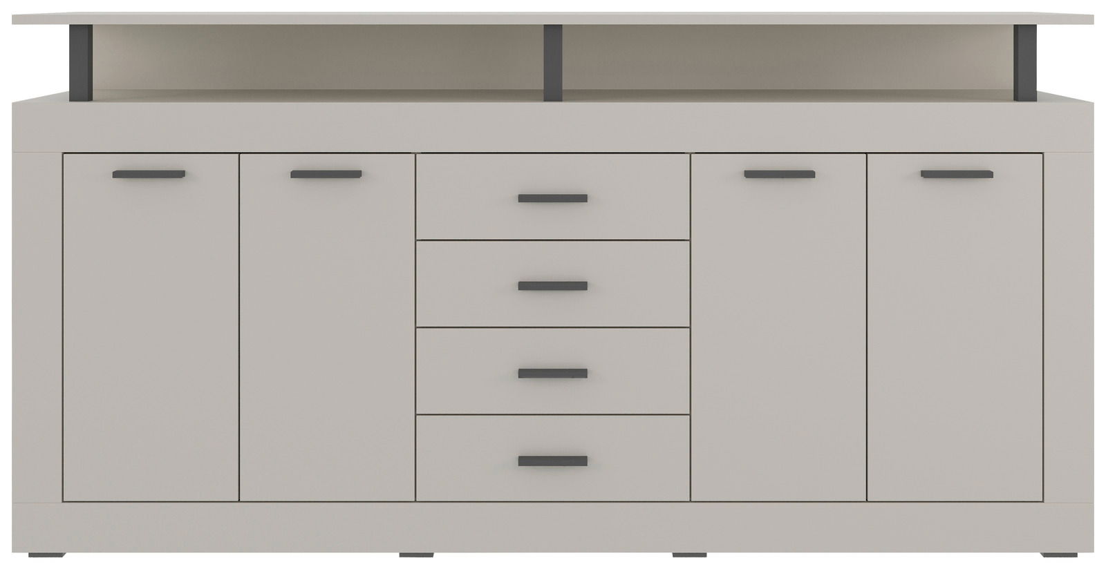 Frontansicht eines modernen XL-Sideboards mit fünf Schubladen und vier Türen in neutralem Design.
