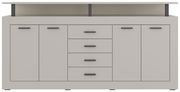 Frontansicht eines modernen XL-Sideboards mit fünf Schubladen und vier Türen in neutralem Design.