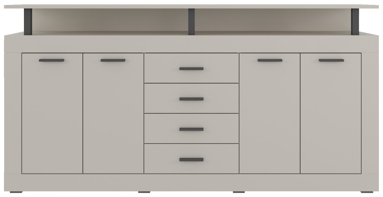 Frontansicht eines modernen XL-Sideboards mit fünf Schubladen und vier Türen in neutralem Design.
