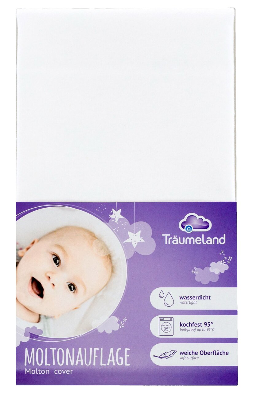 Vochtwerende mat van Träumeland, vooraanzicht, waterdicht, kookbestendig tot 95 graden, zacht oppervlak, met afbeelding van een baby op de verpakking.