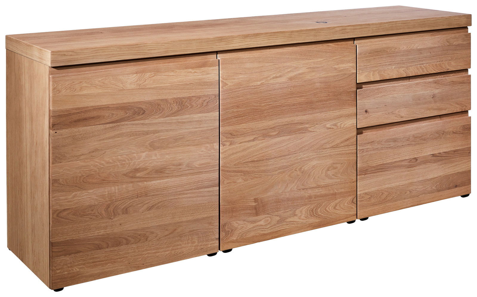 Holz-Sideboard mit drei Türen und zwei Schubladen, seitliche Perspektive