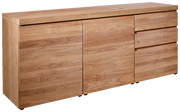 Holz-Sideboard mit drei Türen und zwei Schubladen, seitliche Perspektive