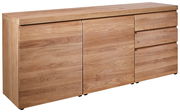 Holz-Sideboard mit drei Türen und zwei Schubladen, seitliche Perspektive