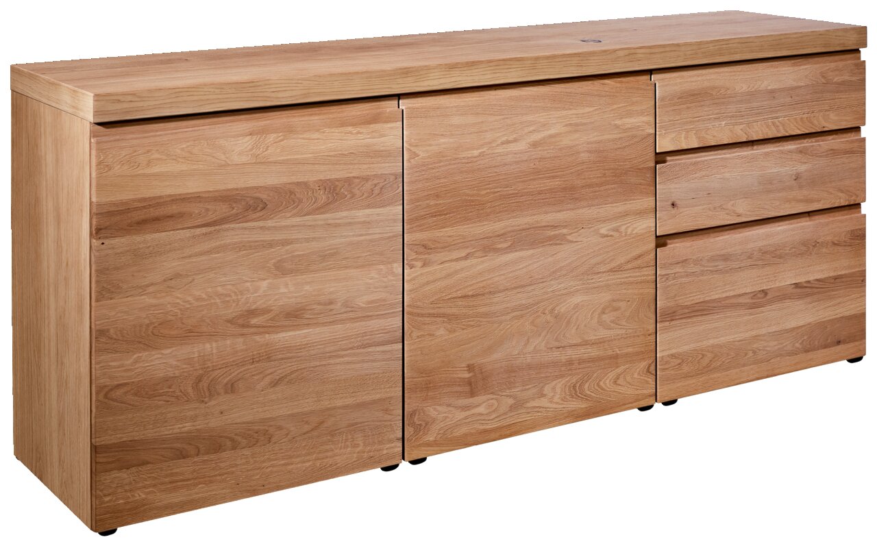Holz-Sideboard mit drei Türen und zwei Schubladen, seitliche Perspektive