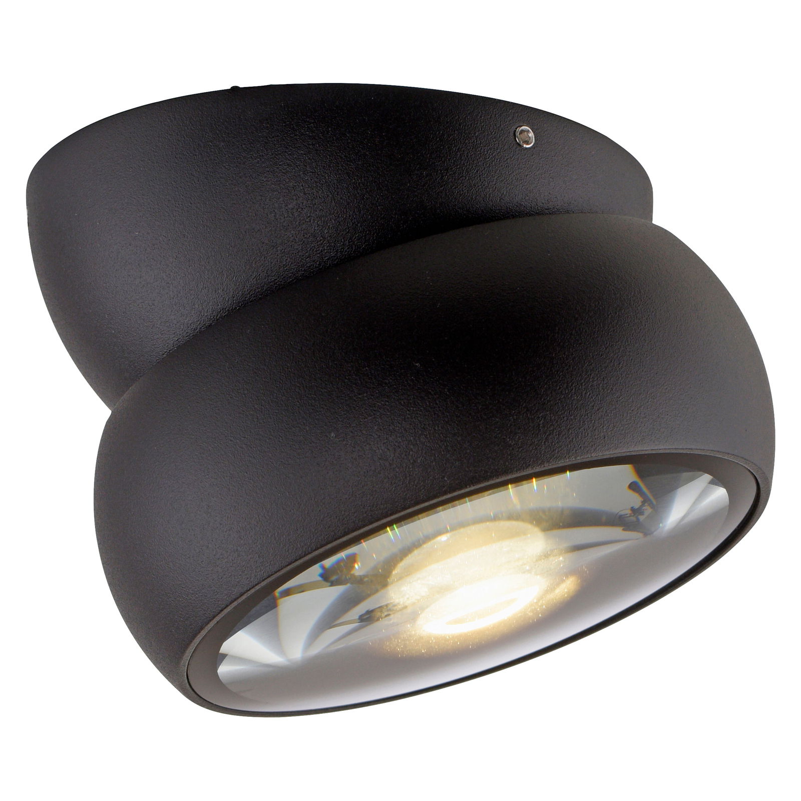 Schwarze LED-Deckenleuchte in seitlicher Perspektive mit rundem, modernem Design und sichtbarer Lichtquelle.