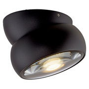 Zwarte led-plafondlamp in zijaanzicht, met een rond, modern ontwerp en een zichtbare lichtbron.
