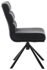 Seitenansicht eines modernen grauen Stuhls mit gepolsterter Rückenlehne und schwarzem Metallgestell.