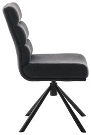 Seitenansicht eines modernen grauen Stuhls mit gepolsterter Rückenlehne und schwarzem Metallgestell.