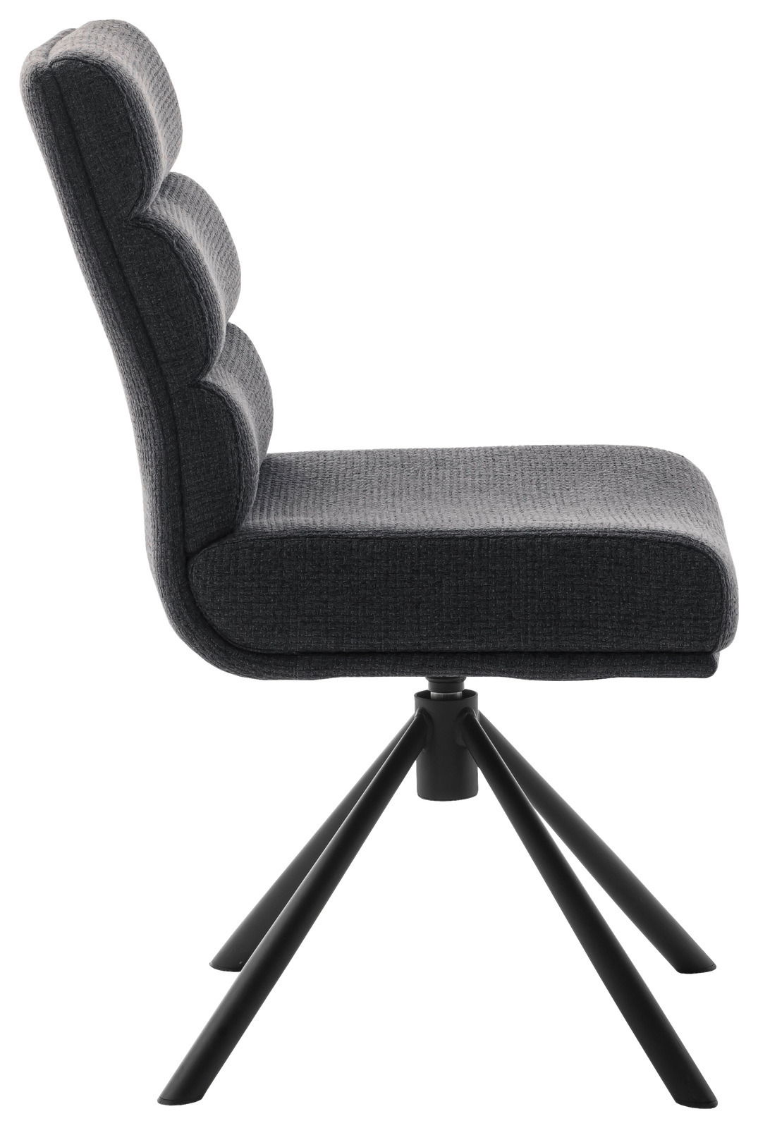Seitenansicht eines modernen grauen Stuhls mit gepolsterter Rückenlehne und schwarzem Metallgestell.