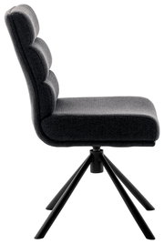 Seitenansicht eines modernen grauen Stuhls mit gepolsterter Rückenlehne und schwarzem Metallgestell.