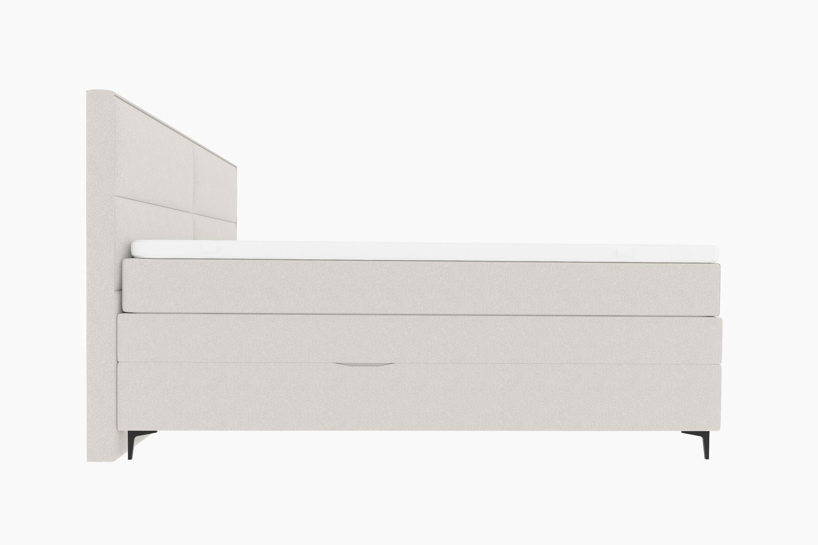 Seitenansicht eines modernen Boxspringbetts in hellem Beige mit hohem Kopfteil und schlanken schwarzen Füßen.