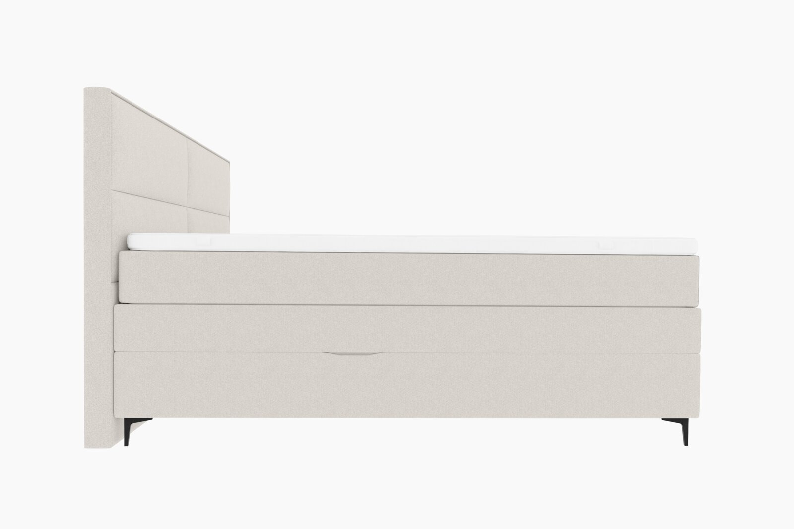Seitenansicht eines modernen Boxspringbetts in hellem Beige mit hohem Kopfteil und schlanken schwarzen Füßen.