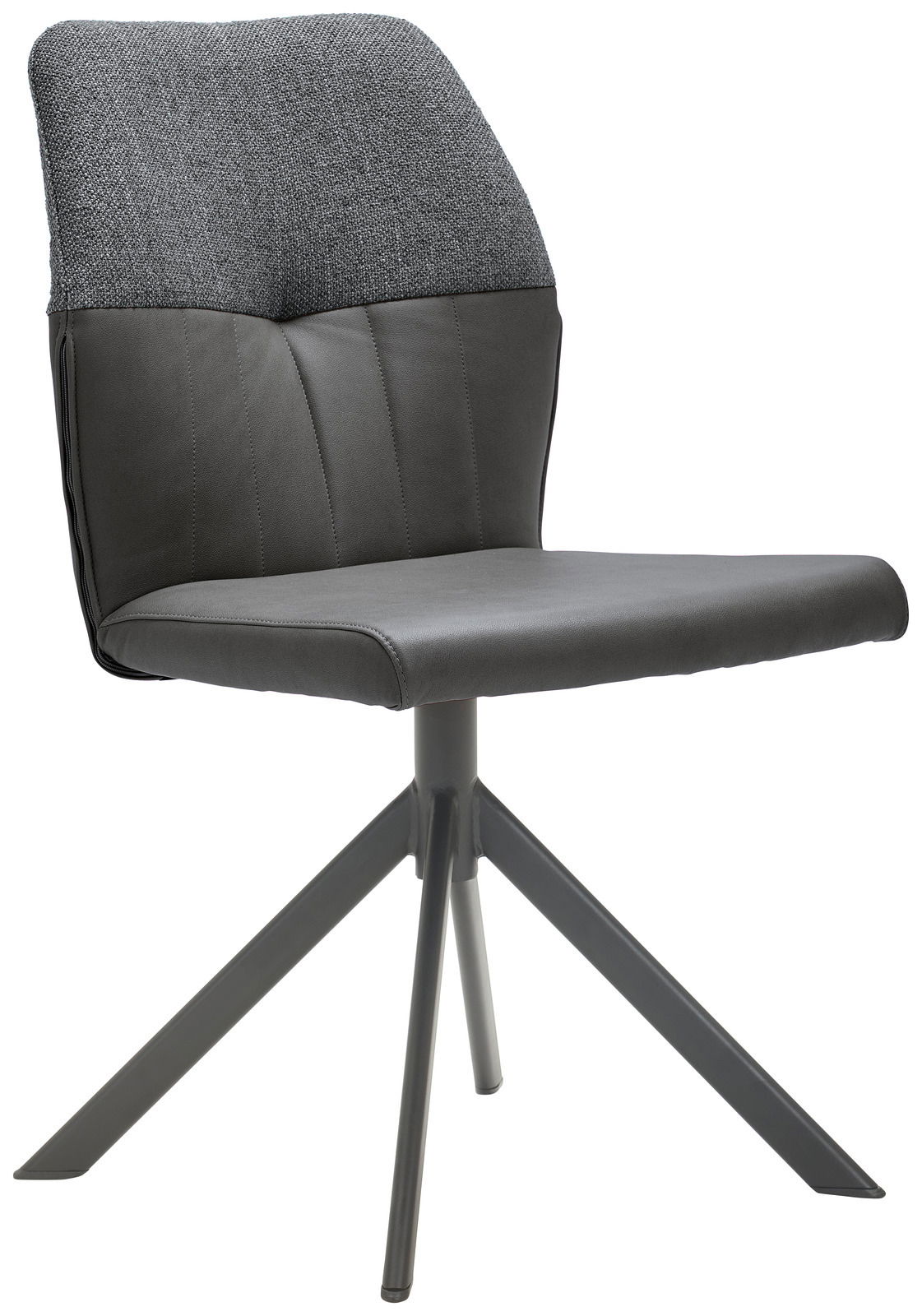 Moderner Stuhl mit grauem Stoffbezug und schwarzem Metallgestell, seitliche Perspektive