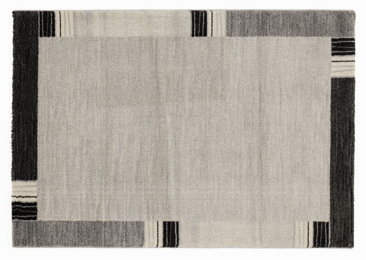 Rechteckiger Teppich in Grau- und Schwarztönen mit geometrischem Muster, Draufsicht
