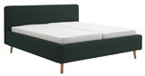 Polsterbettgestell in dunklem Grün mit Holzfüßen, seitliche Perspektive