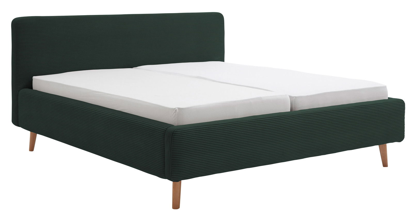XORA Polsterbettgestell MATTIS Polsterbettgestell in dunklem Grün mit Holzfüßen, seitliche Perspektive