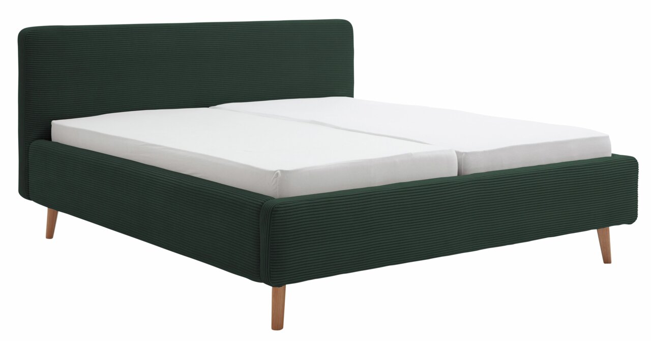 XORA Polsterbettgestell MATTIS Polsterbettgestell in dunklem Grün mit Holzfüßen, seitliche Perspektive