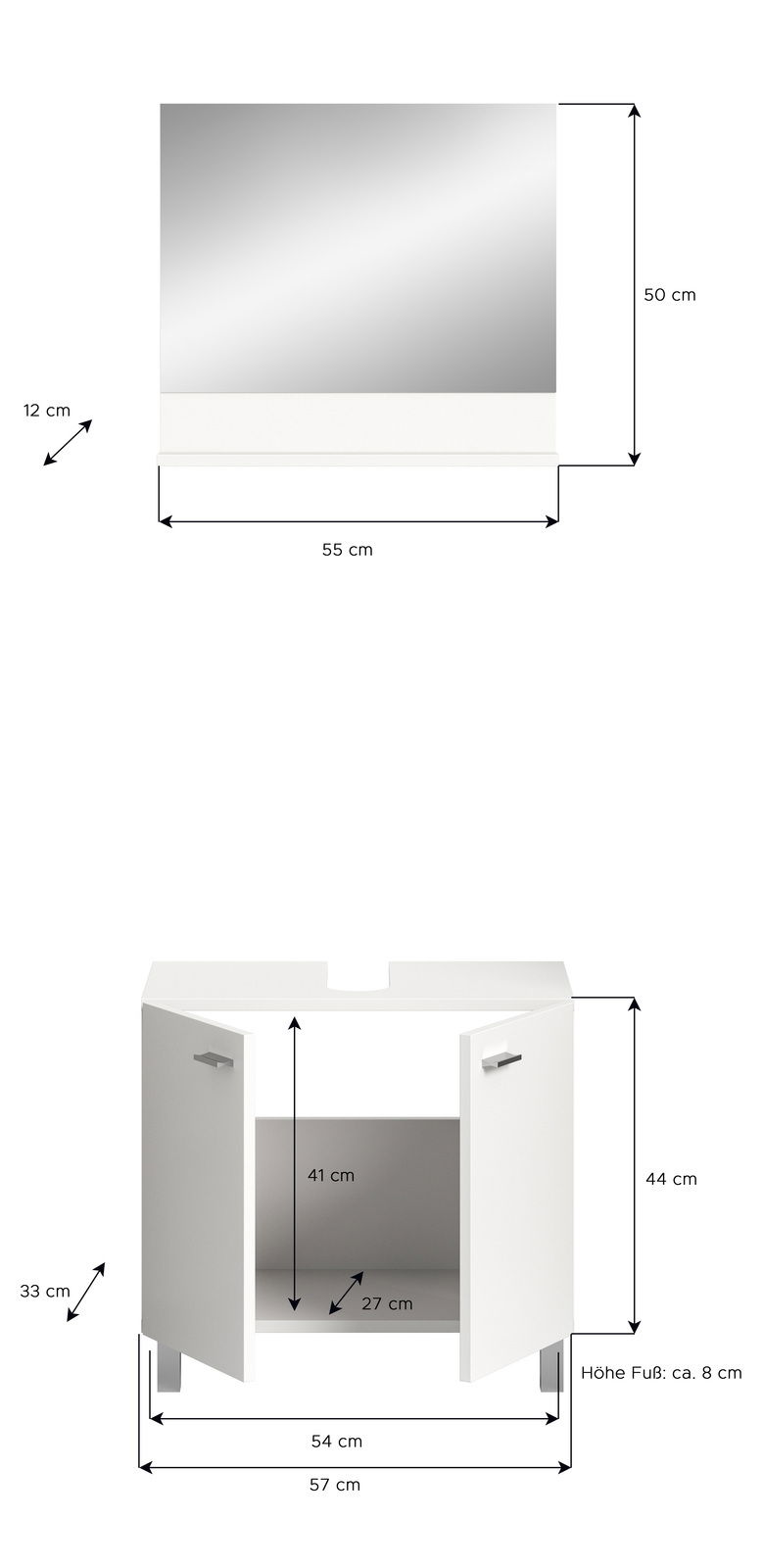 Waschbeckenunterschrank BOSTON in Weiß mit zwei Türen, Frontansicht, Maße: 57 cm Breite, 54 cm Tiefe, 44 cm Höhe, mit integriertem Spiegel.