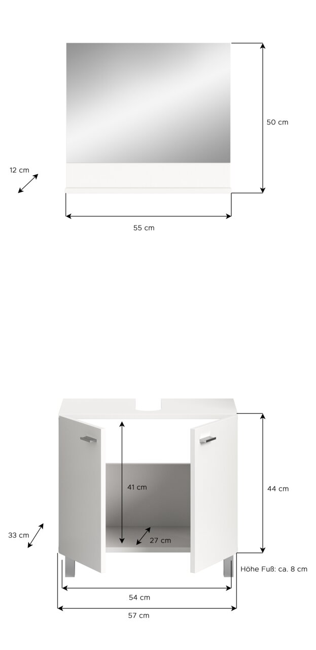 Waschbeckenunterschrank BOSTON in Weiß mit zwei Türen, Frontansicht, Maße: 57 cm Breite, 54 cm Tiefe, 44 cm Höhe, mit integriertem Spiegel.
