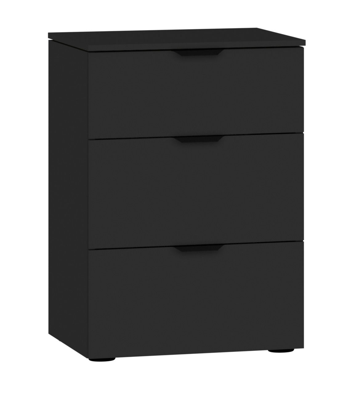 Schwarze Nachtkommode mit drei Schubladen, seitliche Perspektive