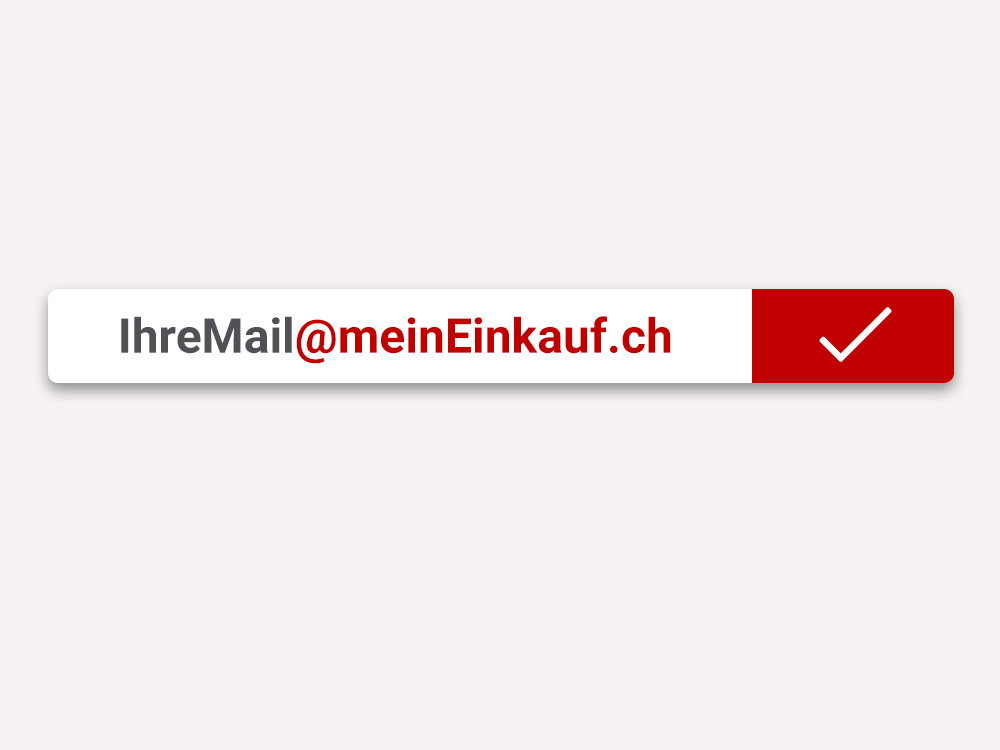 Ein Textfeld zeigt eine E-Mail-Adresse mit „@meineinkauf.ch“ und ein rotes Häkchen zur Bestätigung.