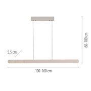 Lineare LED-Pendelleuchte in Beige mit rechteckigem Deckenbaldachin und zwei schwarzen Abhängungen, Breite 100–160 cm, Höhe 60–180 cm, Tiefe 5,5 cm, frontale Ansicht.