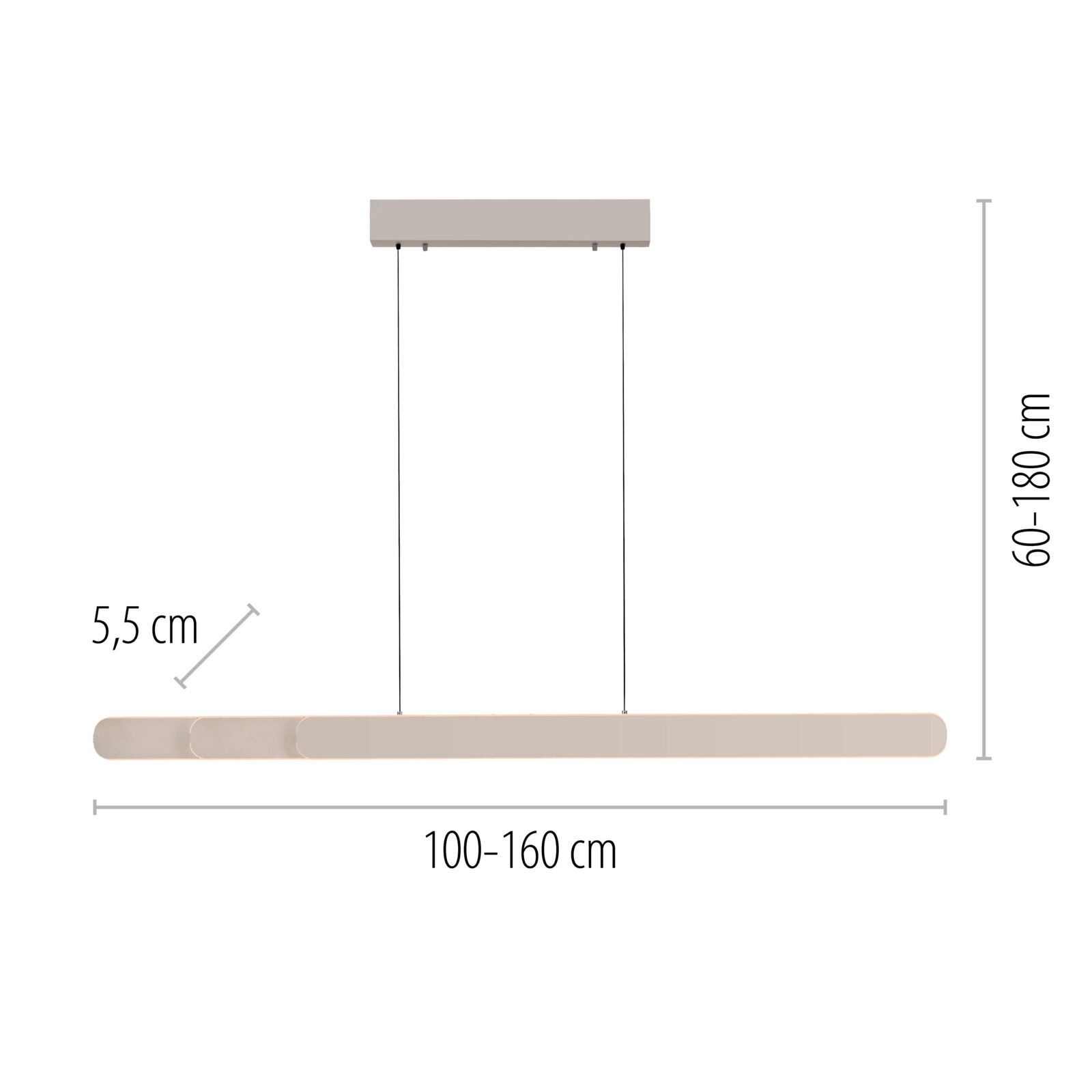 Lineare LED-Pendelleuchte in Beige mit rechteckigem Deckenbaldachin und zwei schwarzen Abhängungen, Breite 100–160 cm, Höhe 60–180 cm, Tiefe 5,5 cm, frontale Ansicht.