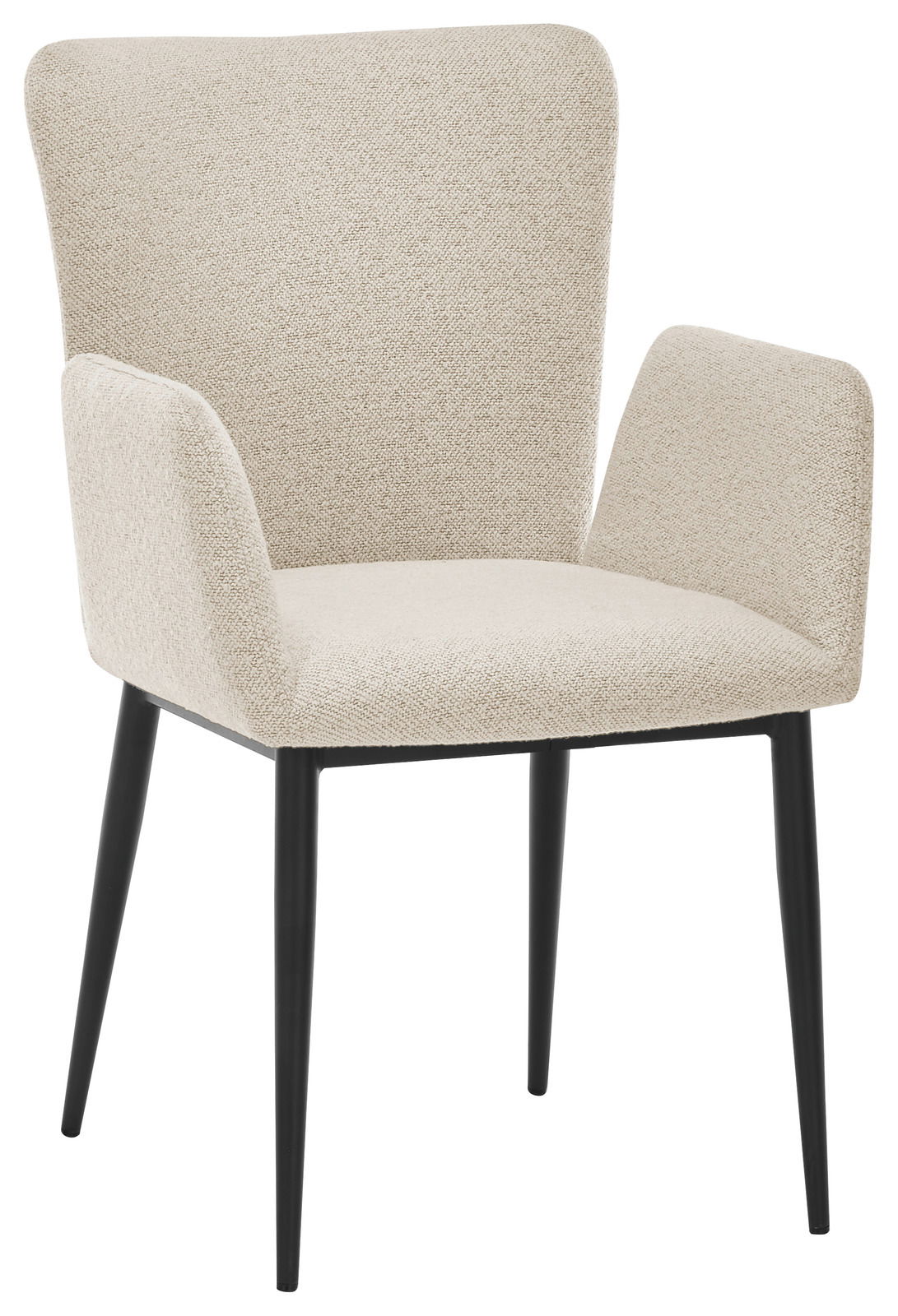 Beiger Armlehnstuhl mit schwarzem Gestell, seitliche Perspektive