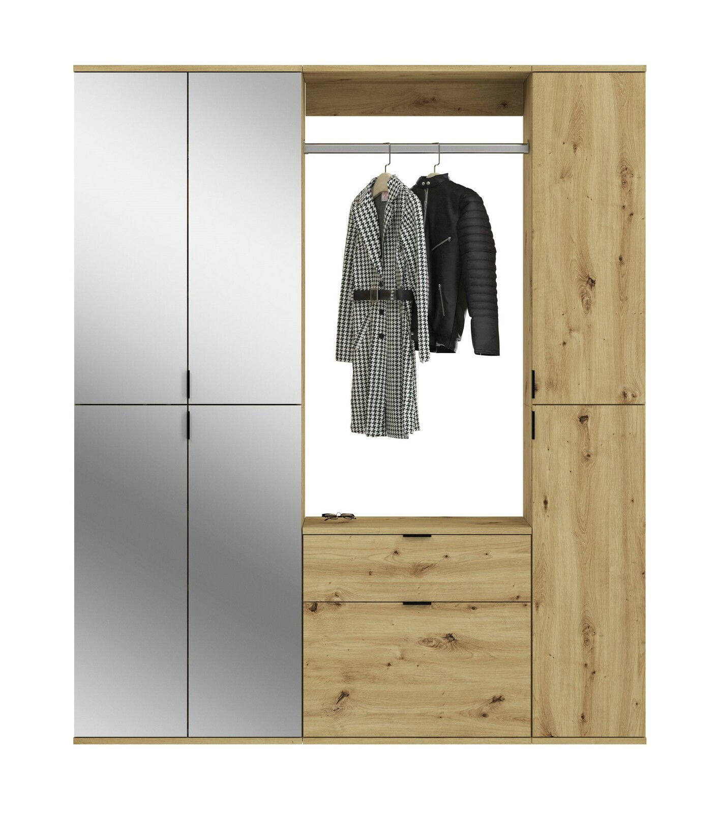 Garderobenkombination aus Holz mit Spiegeln, Kleiderstange und Schubladen, frontale Ansicht