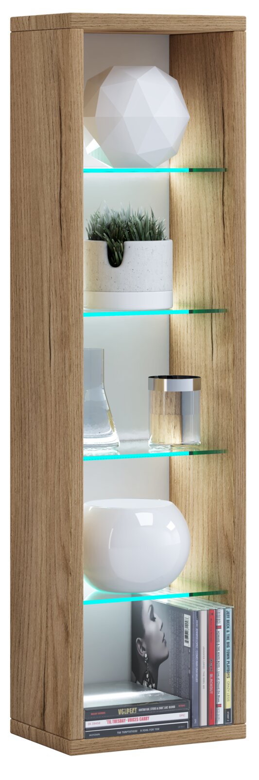 VCM Wandregal RASITO Schmales, offenes Holz-Regal mit beleuchteten Glasböden und Dekoration (Pflanze, Vasen, Bücher), frontale Ansicht.