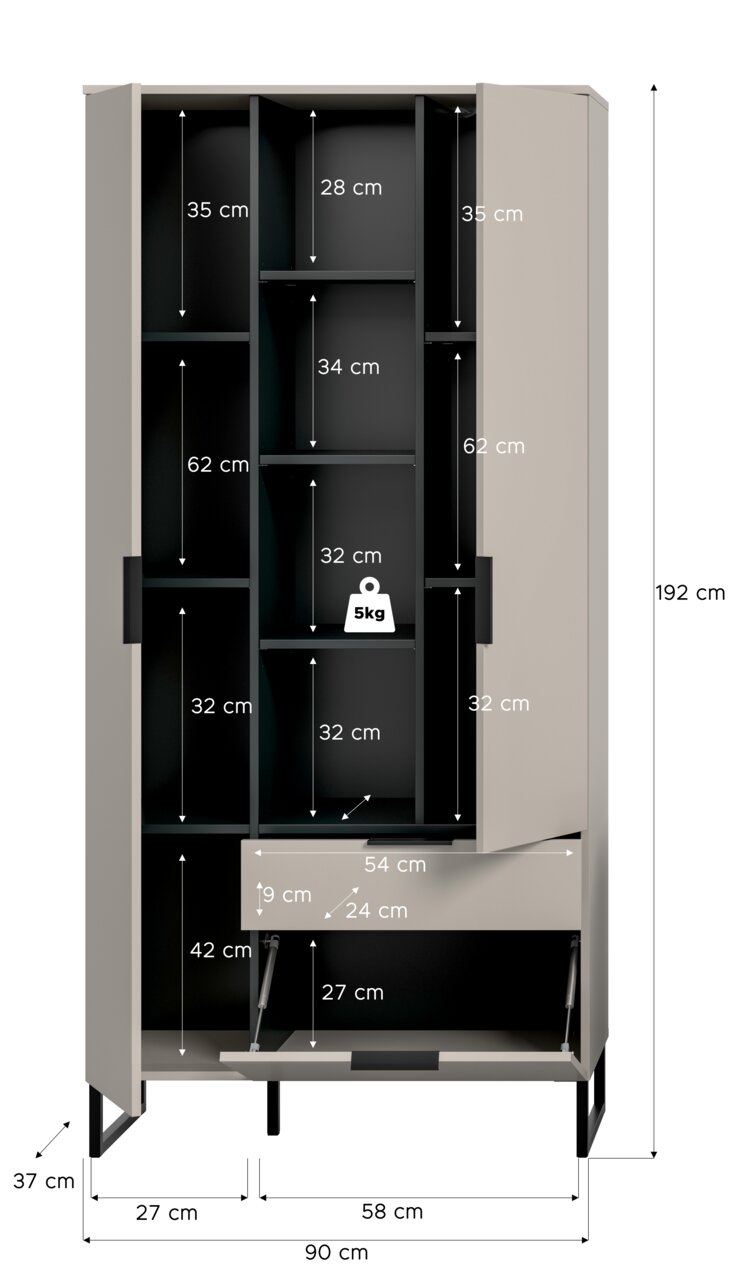 Offener hoher Schrank in Beige mit schwarzem Innenraum, mehreren Fächern und Klappe unten, Maßangaben (u. a. 192 cm Höhe, 90 cm Breite) und 5-kg-Belastungshinweis, frontale Ansicht.