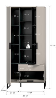 Offener hoher Schrank in Beige mit schwarzem Innenraum, mehreren Fächern und Klappe unten, Maßangaben (u. a. 192 cm Höhe, 90 cm Breite) und 5-kg-Belastungshinweis, frontale Ansicht.