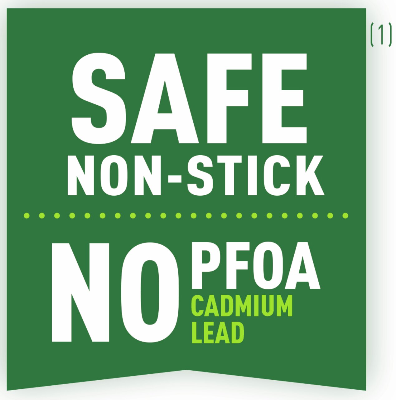 Grünes Schild mit der Aufschrift 'SAFE NON-STICK NO PFOA CADMIUM LEAD', Vorderansicht