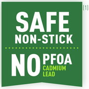 Grünes Schild mit der Aufschrift 'SAFE NON-STICK NO PFOA CADMIUM LEAD', Vorderansicht
