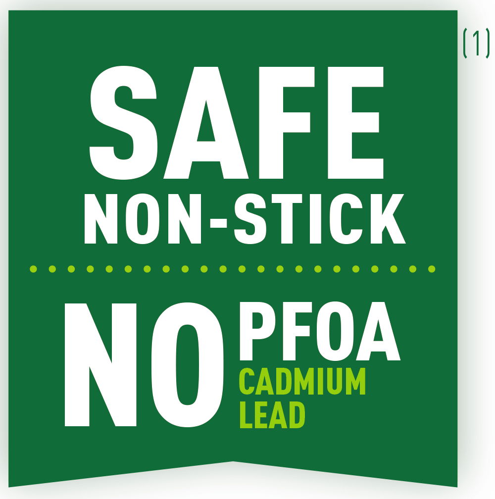 Grünes Schild mit der Aufschrift 'SAFE NON-STICK NO PFOA CADMIUM LEAD', Vorderansicht