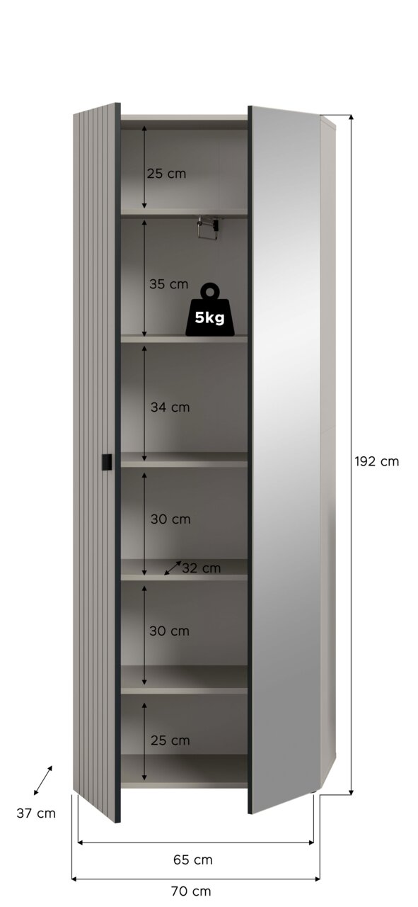Grauer Hochschrank mit zwei geöffneten Türen und mehreren Einlegeböden, Maßangaben (H 192 cm, B 70 cm, T 37 cm) und 5-kg-Belastungsangabe im Innenraum, frontal in leichter Perspektive von vorn gezeigt.