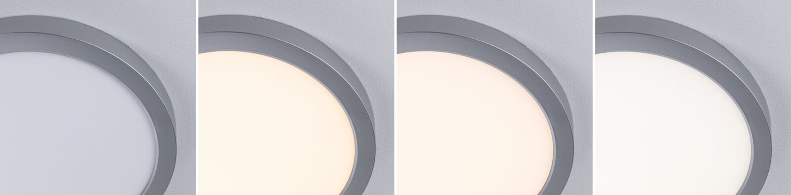 Runde LED-Deckenleuchte mit grauem Rahmen und diffuser Abdeckung, gezeigt in vier Lichtfarben (kaltweiß bis warmweiß), Nahaufnahme von schräg unten